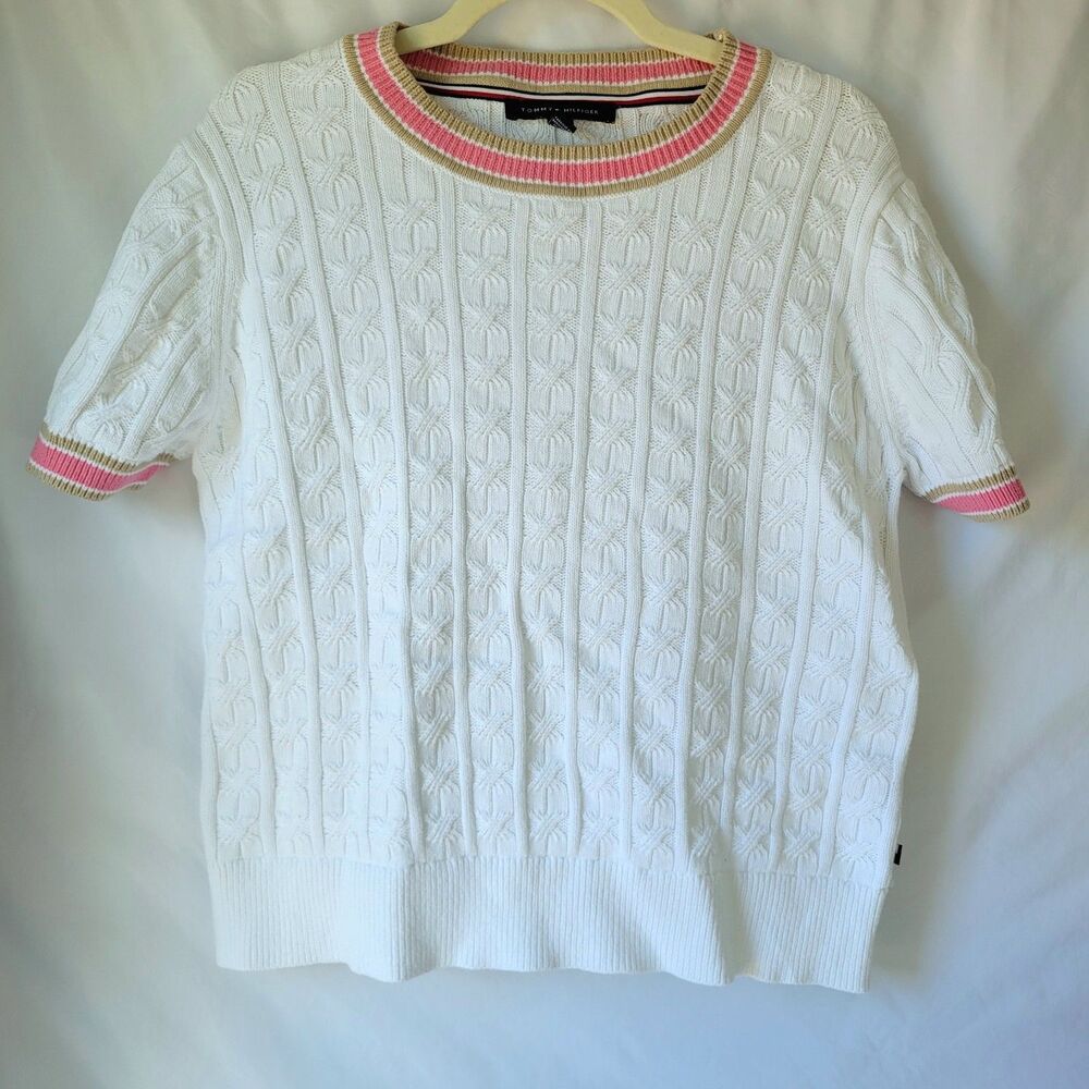Tommy Hilfiger Sweater Cable Knit Preppy Old Money Short Sleeve White Pink XL